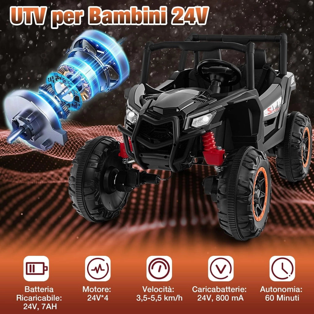 24V UTV Macchina Elettrica per Bambini, Veicolo Elettrico con 2 Posti Motore 4x100W, con Telecomando Partenza Morbida Musica, Velocità Regolabile, 3 Anni+