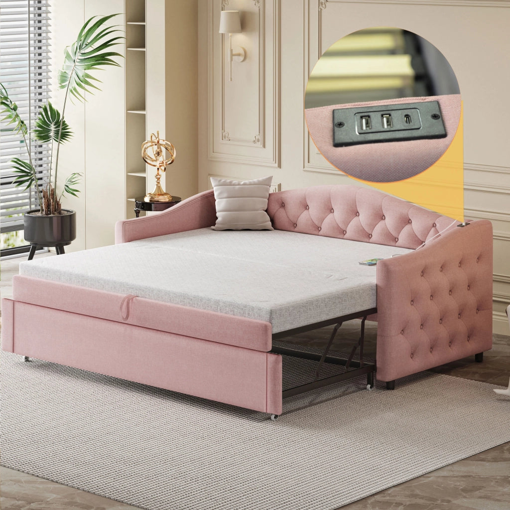 Letto divano estraibile 90 × 200 cm con USB et posto letto aggiuntivo, senza materasso, in tessuto, rosa