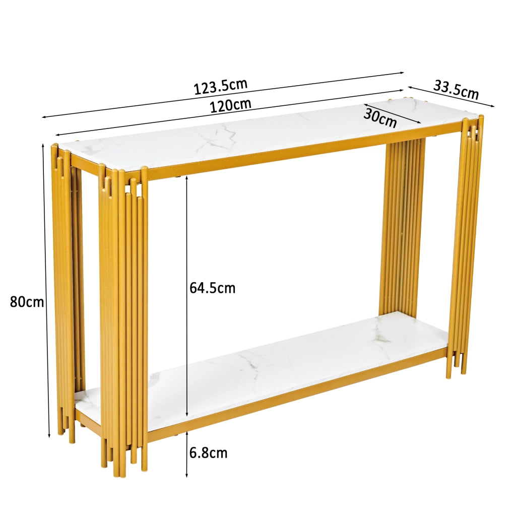 Consolle con 2 ripiani, effetto marmo, in MDF e metallo dorato, per ingresso e soggiorno, 123,5 × 33,5 × 80 cm