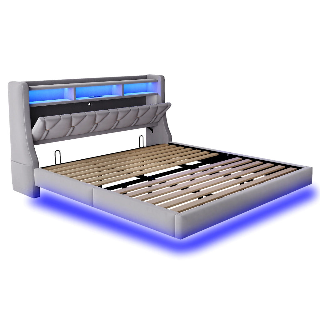 Letto imbottito 180x200 cm con testiera ribaltabile, prese USB e Type-C, LED e struttura in velluto grigio chiaro