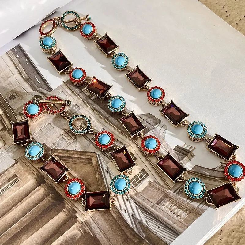Collana e bracciale vintage turchese fatti a mano, set retr¨° esagerato da donna, orecchini combinati, gioielli in stile nazionale