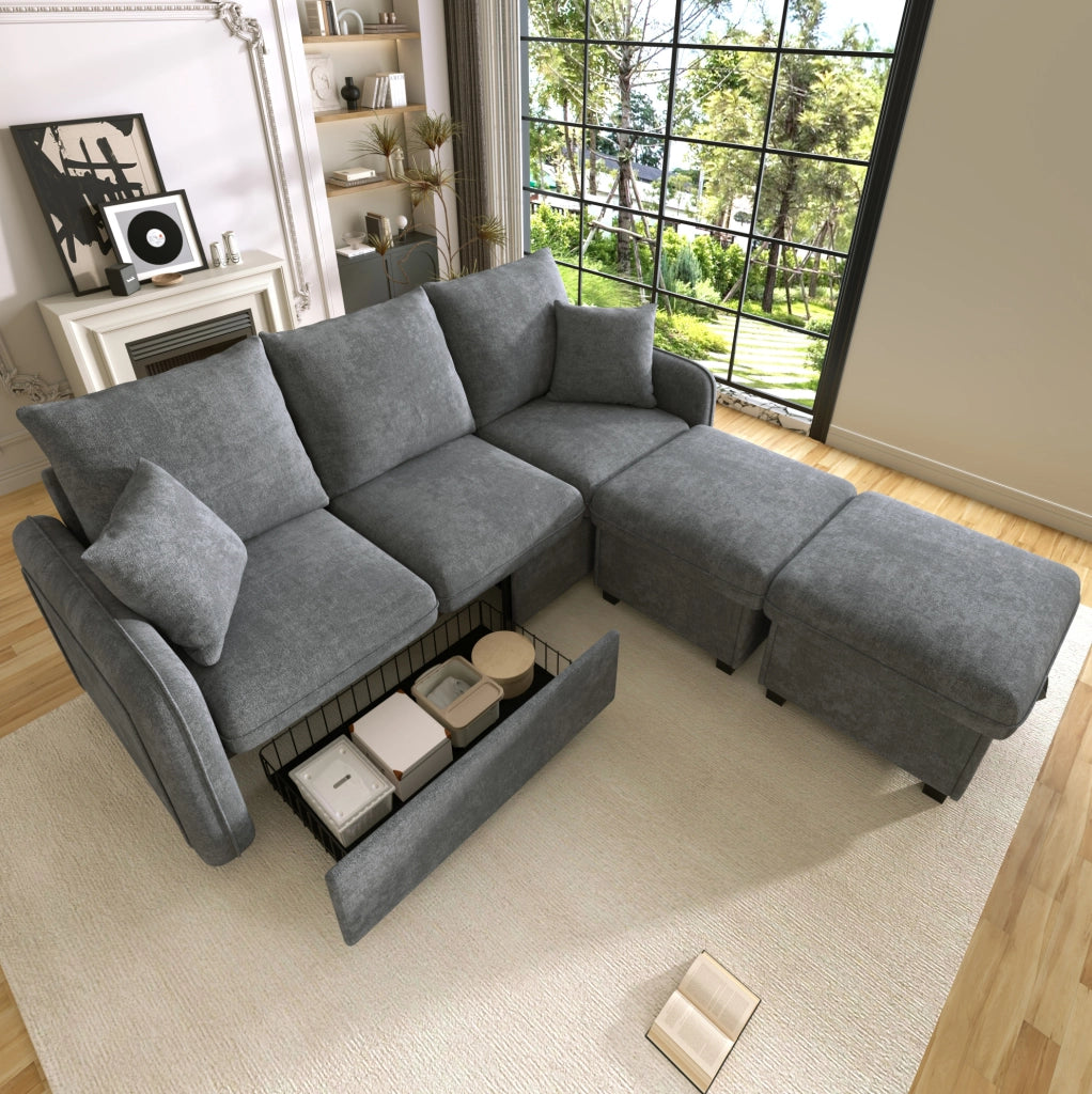 Divano angolare modulare 3 posti con 2 pouf contenitore 188x186x86 cm in chenille grigio scuro