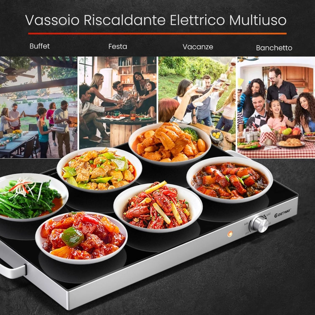 Vassoio Scaldavivande Elettrico, Vassoio Riscaldante in Acciaio Inox con Piano in Vetro Resistente alle Alte Temperature, Maniglie Antiscottatura, per Casa e Festa