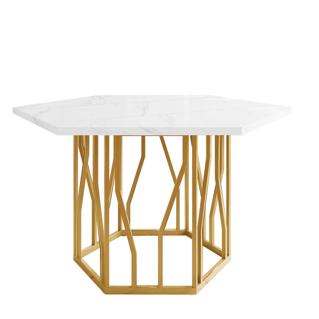 Tavolo da pranzo esagonale in MDF effetto marmo con base in metallo oro e bianco 115,5 × 100 × 75 cm