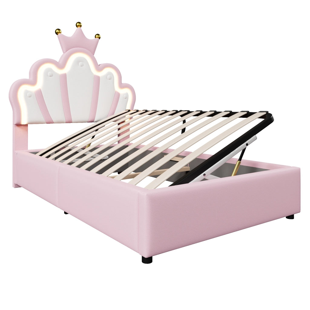 Crown Princess Single Bed 90x200cm con meccanismo idraulico di sollevamento in PU rosa