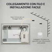 kleankin Specchio Bagno LED Antiappannamento con 3 Colori e Luminosità Regolabile, in Metallo e Vetro, 80x60x3 cm