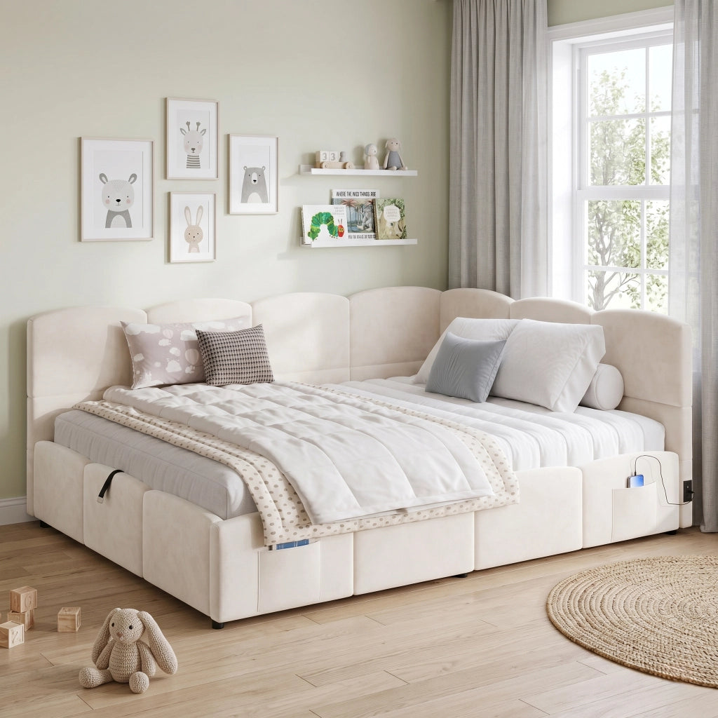 Letto imbottito con funzione divano e contenitore in velluto beige 140x190 cm