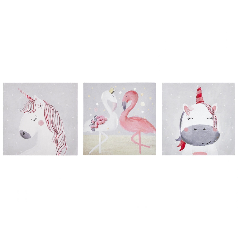 Set di 3 stampe artistiche su tela in poliestere grigio e rosa 30 x 30 cm ganci di montaggio per la cameretta dei bambini