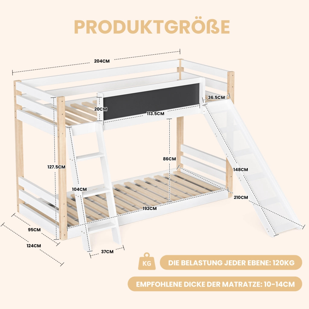 Letto a castello per bambini con scivolo; scala e lavagna; in legno; bianco