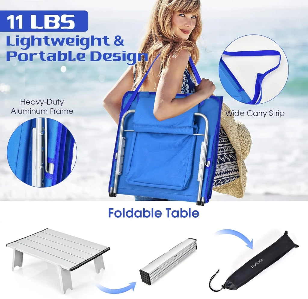 Set di 2 Materassi da Spiaggia Pieghevoli e Tavolino, Sedie a Sdraio da Spiaggia Regolabili in 5 Posizioni con Poggiatesta Rimovibile, Tasca per Giardino, Campeggio (Blu)