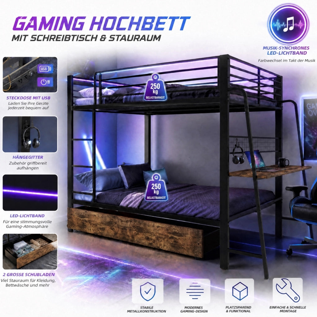 Letto a soppalco gaming 140x200 con scrivania e LED