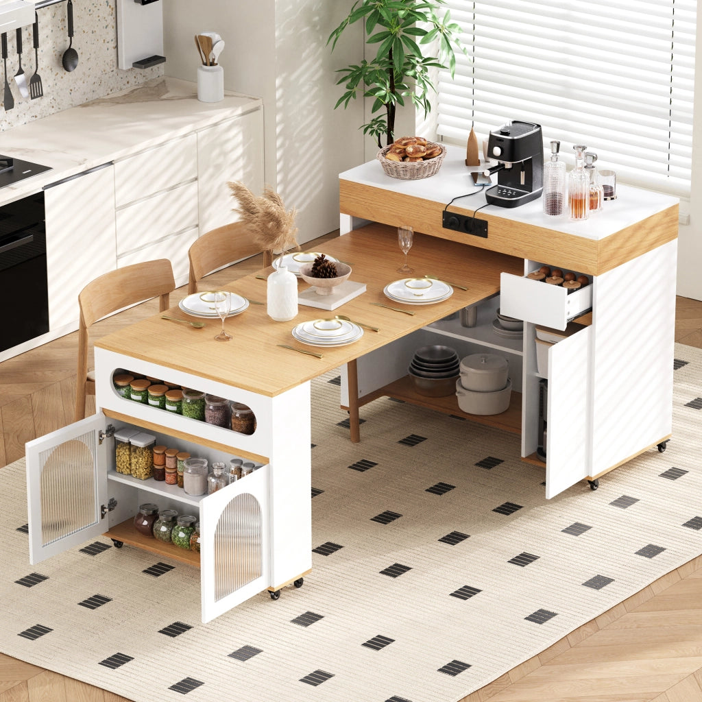 Tavolo allungabile con cassetto e vano contenitore vetrato; per cucina e sala da pranzo; stile moderno