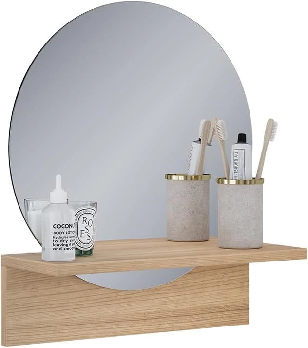 Specchio bagno Elyra, Quercia dorata, 40 x 47.5 cm con ripiano, adatto per il montaggio a parete in bagno e in ambienti abitativi