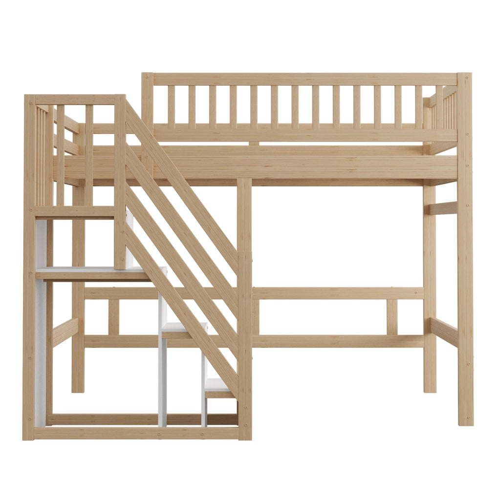 Letto 140x200 cm con scala contenitore e protezione alta in legno colore naturale