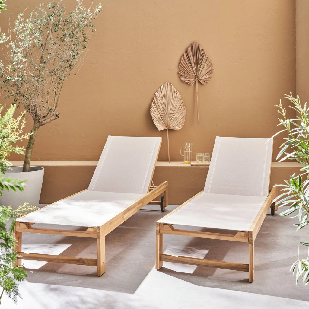 Set 2 lettini prendisole in legno multiposizione con ruote, beige