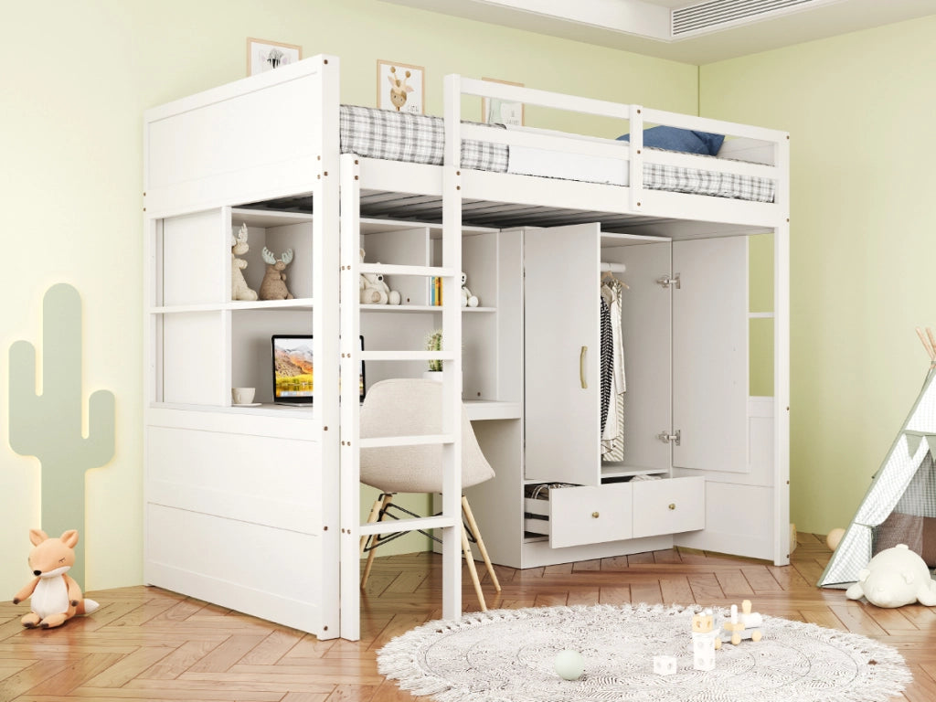 Letto a castello bianco con scrivania contenitore armadio e cassetti in legno 90x200 cm