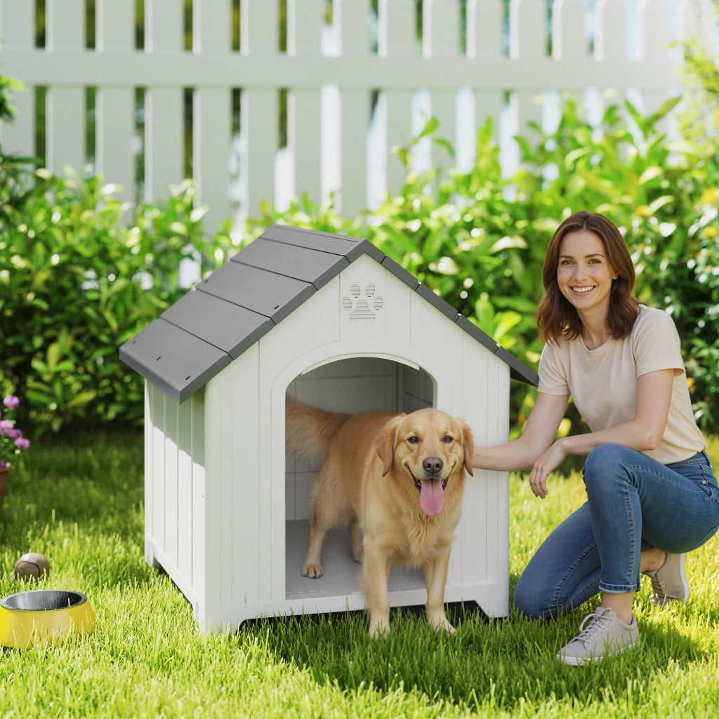 Casetta per Cani Esterna Grandi in Plastica con 2 Finestre e Base Sollevata ¨C Minimal ¨C Grigio