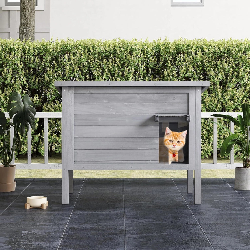 Cuccia per Gatti da Esterno Inverno, Cassetta per Gatti Impermeabile in Legno con Isolamento in Schiuma, 2 Comparti Spaziosi, Tetto Apribile in Asphalt e Porta, 88 x 55 x 71 cm (Grigio)