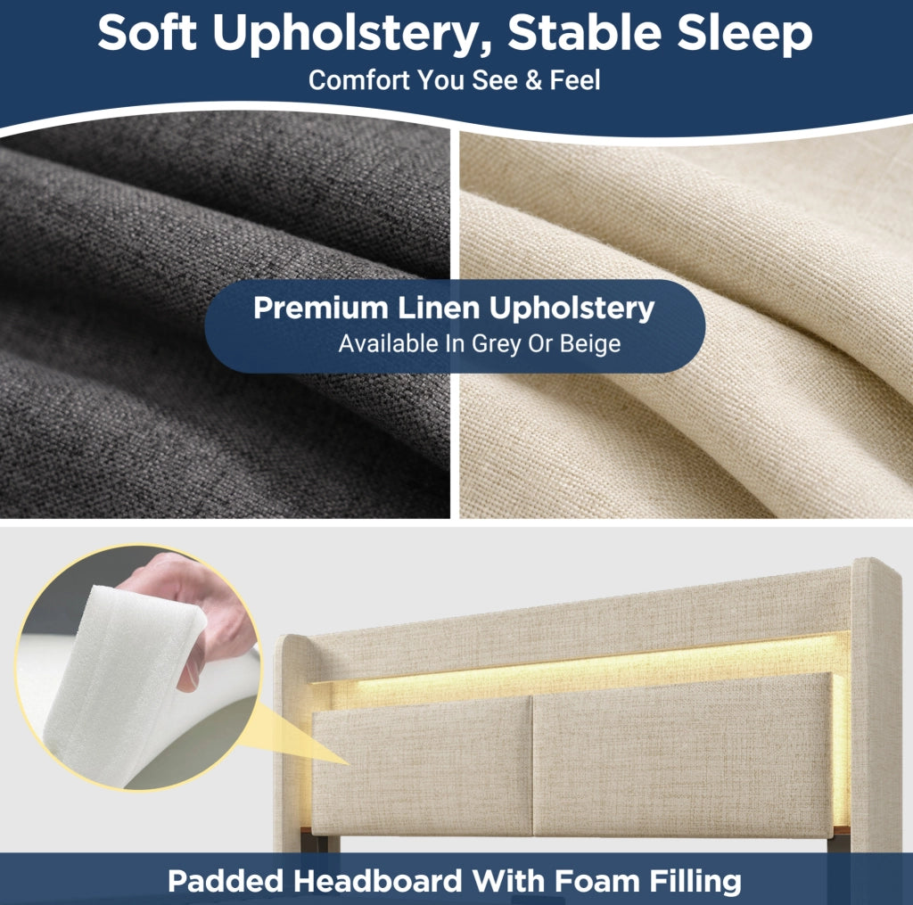 Letto imbottito 180 × 200 cm con contenitore idraulico; LED; USB e USB-C; lino beige
