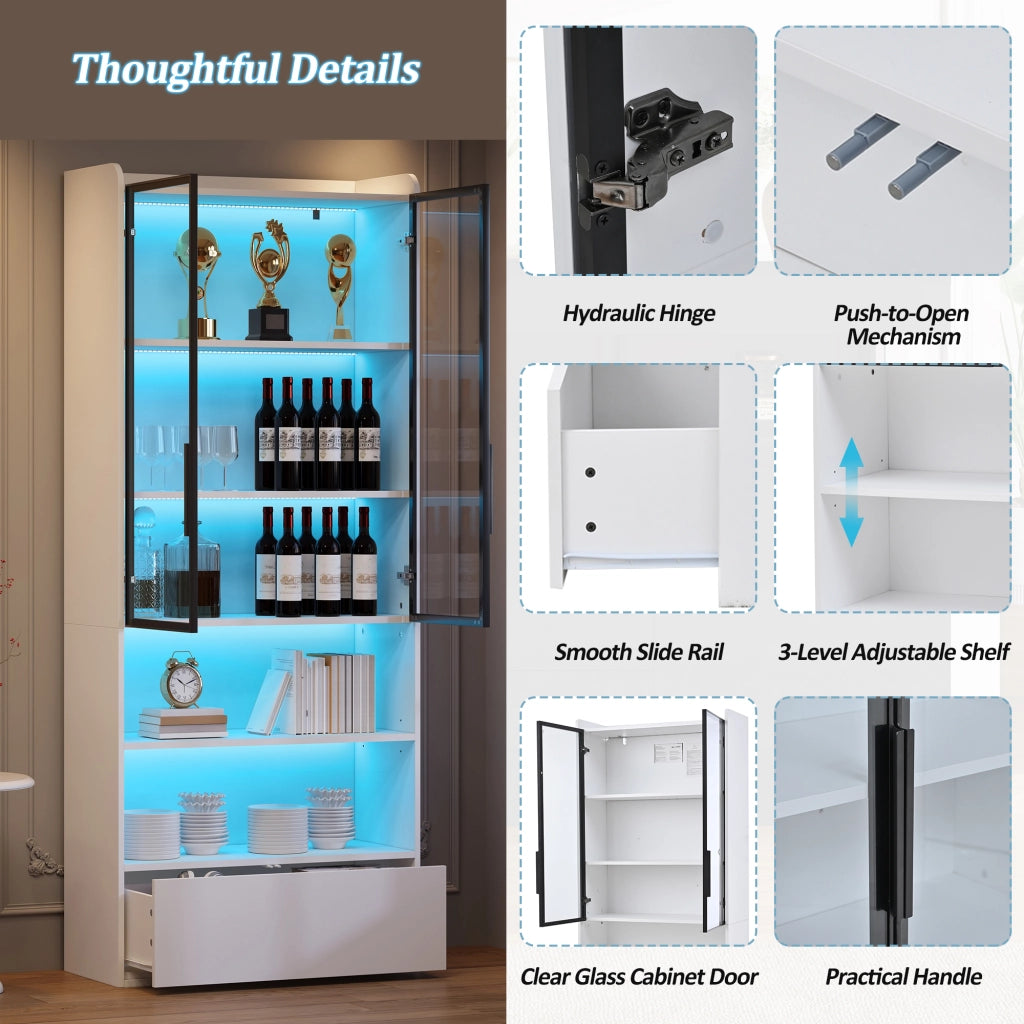 Vetrina alta con led e 1 cassetto con 6 vani e ante in vetro per soggiorno in mdf e vetro bianco 80 × 34 × 180 cm
