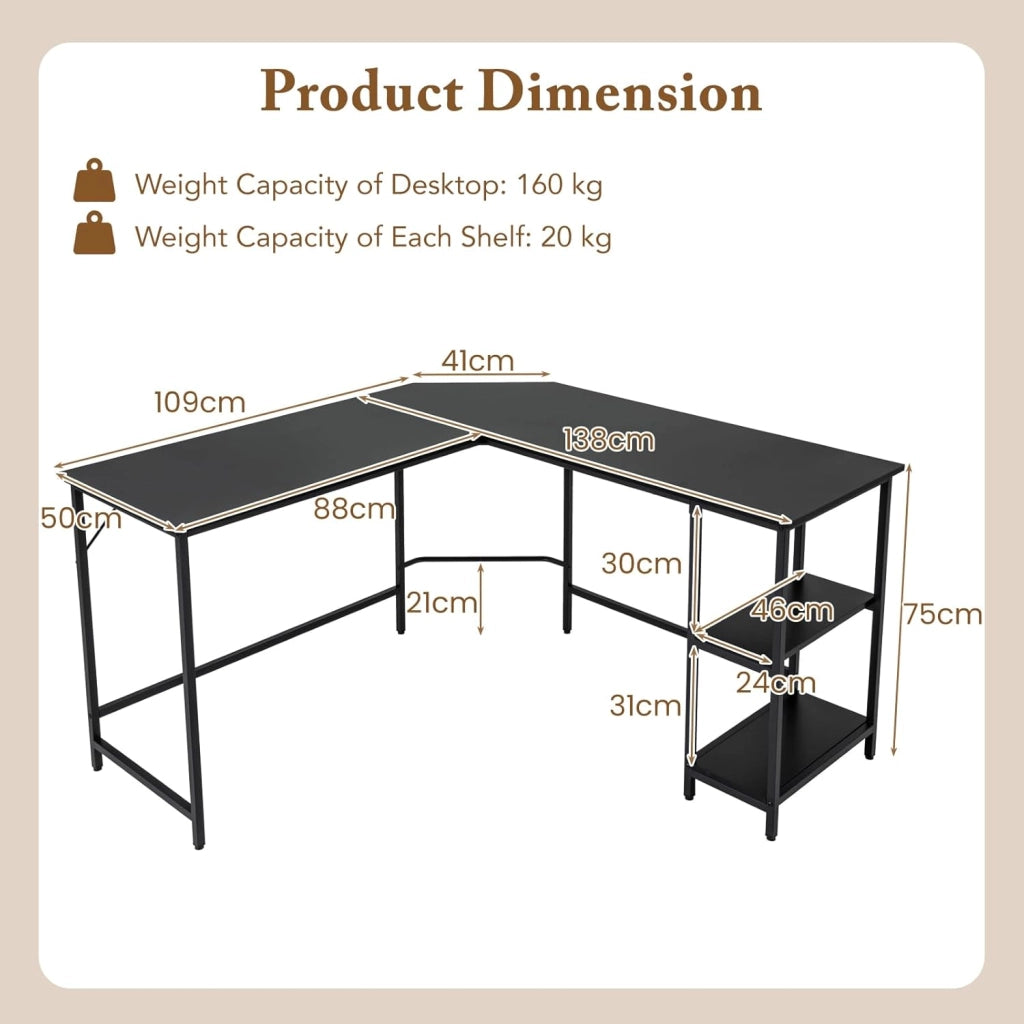 Scrivania Angolare, a Forma di L, Postazione da Lavoro, 3 Ripiani, Industriale, per Casa/Ufficio/Studio, Portata di 140 kg, 138x138x75 cm, Naturale/Marrone/Nero