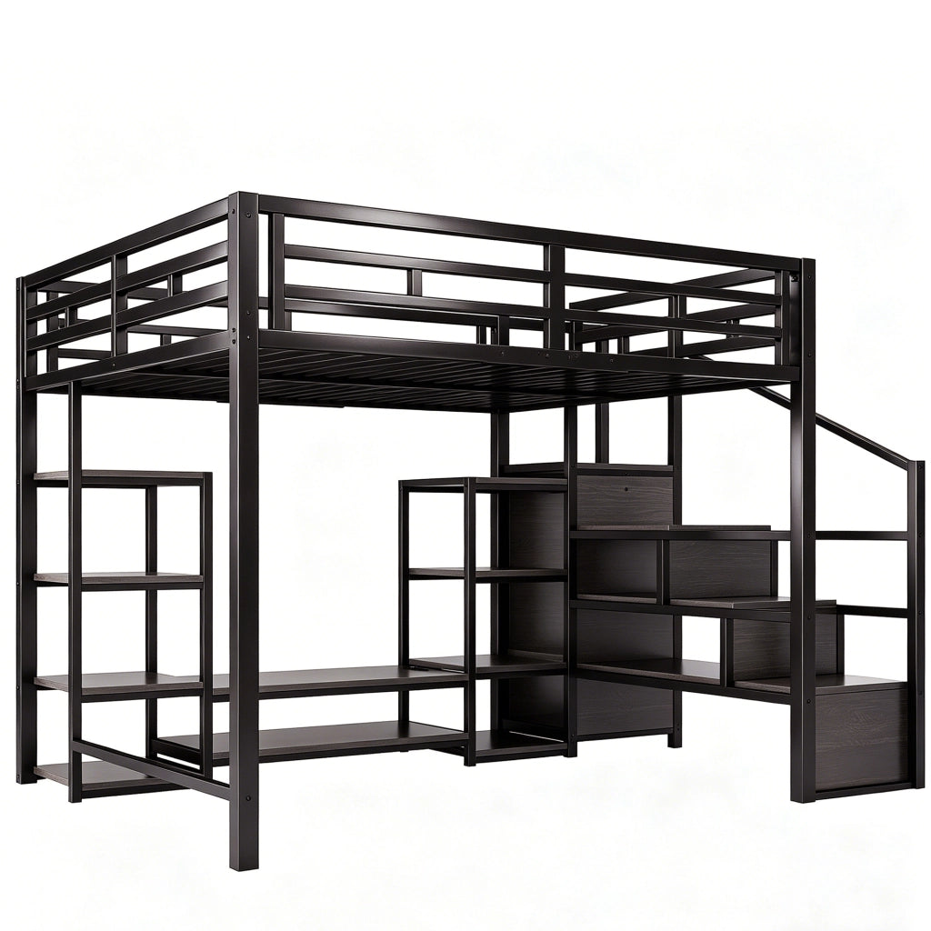 Letto a soppalco 140x200 cm con supporto TV e presa integrata; metallo e MDF; nero