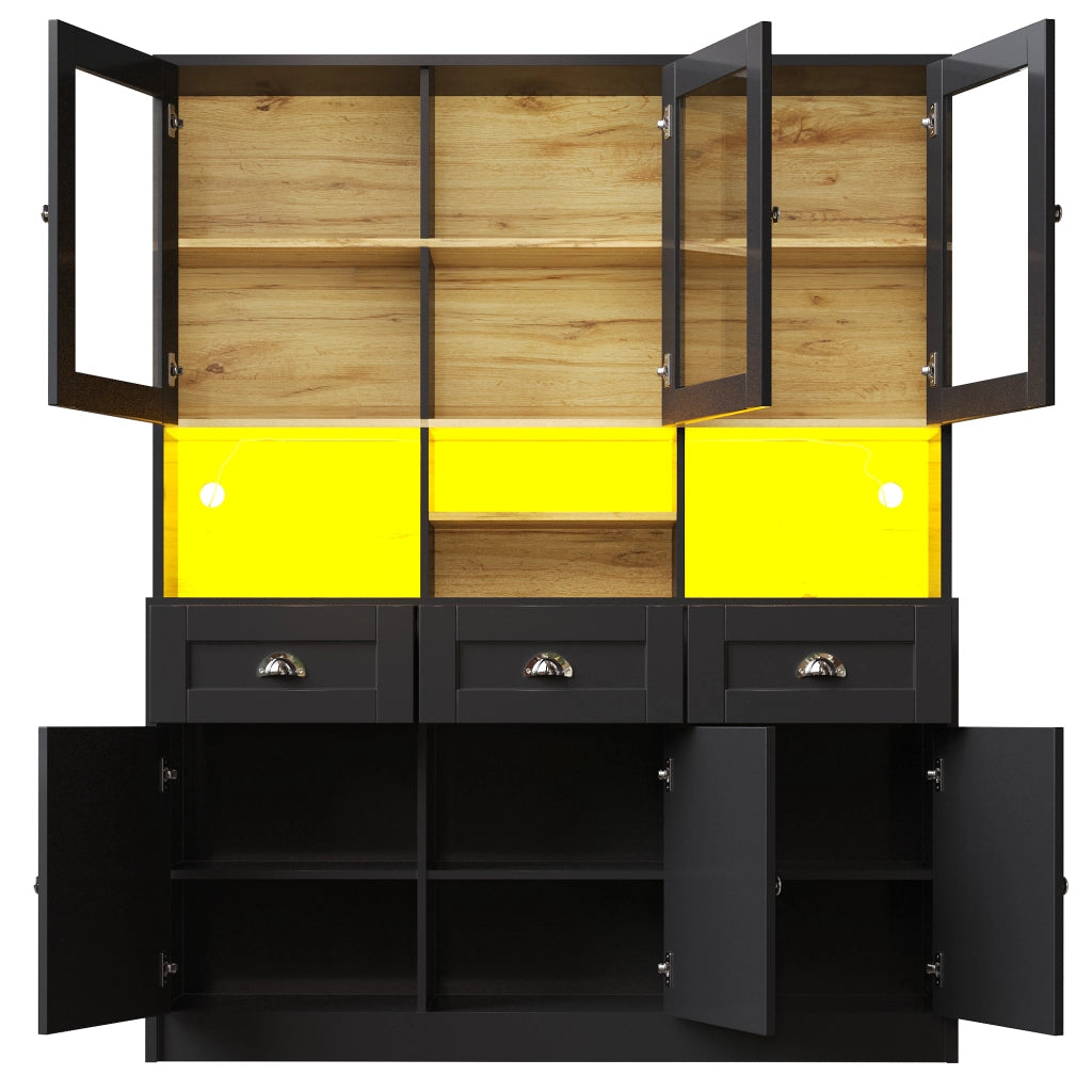 Credenza alta vetrata con LED; 3 cassetti; 6 ante e ripiani regolabili per cucina; 140 × 40 × 175 cm