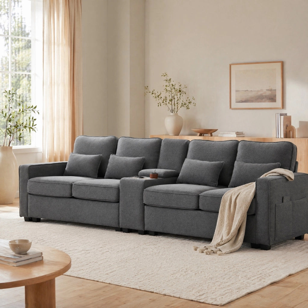 SOFA 4 posti 290x83x88 cm in lino grigio scuro con console, USB e 4 cuscini