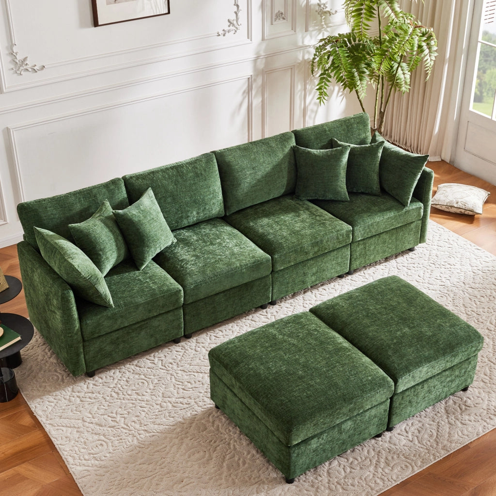 Sofà modulare in chenille con 2 pouf e 6 cuscini, forma a U o L, 278x161x81 cm, per salotto e area living