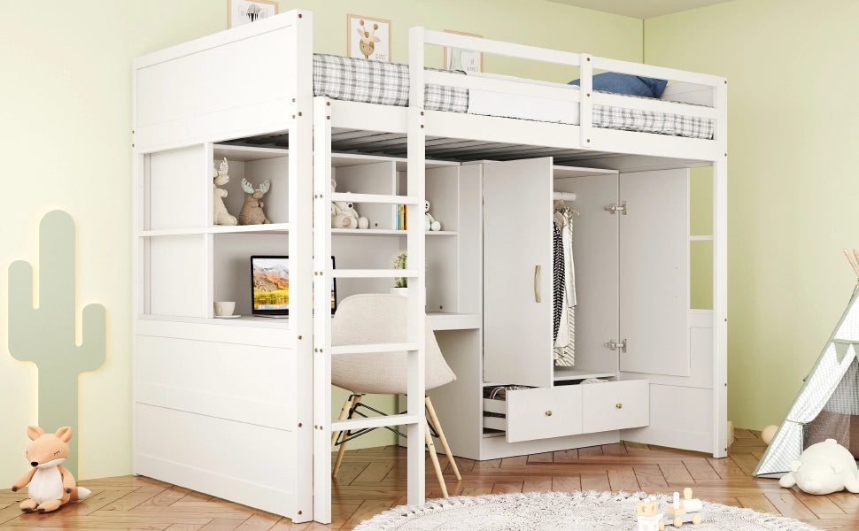 Letto a castello bianco con scrivania contenitore armadio e cassetti in legno 90x200 cm