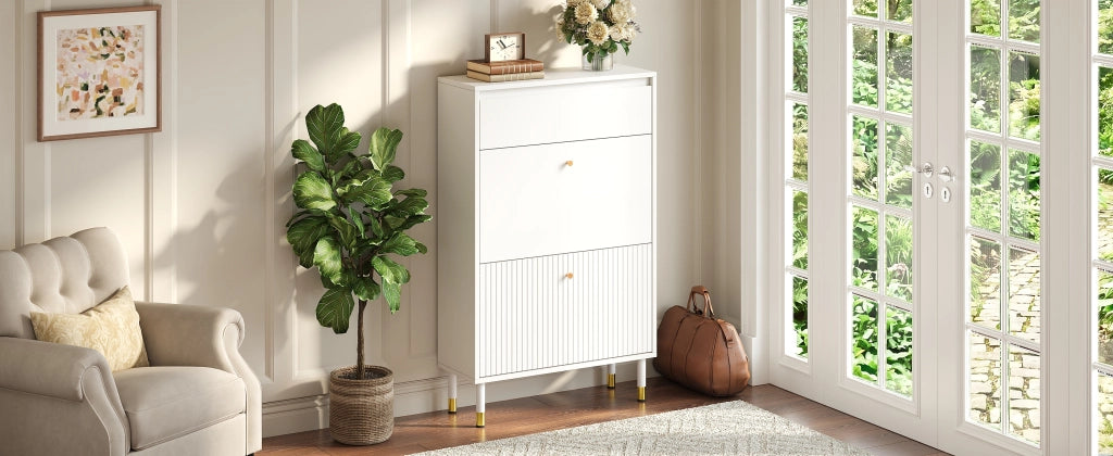 Scarpiera stretta con 1 cassetto e 2 vani ribaltabili, 4 piedi metallici, per ingresso, bianco, 65 × 24 × 104 cm