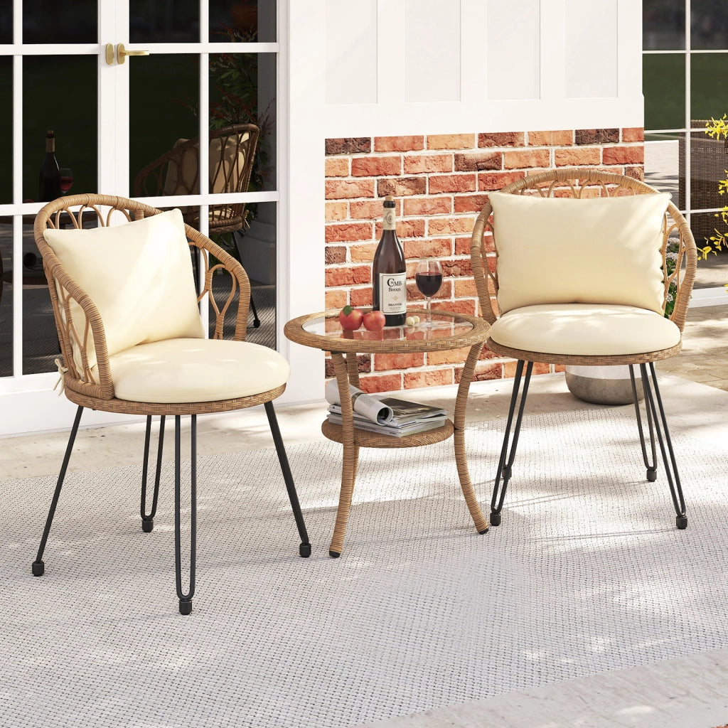 Set bistrò pe rattan 3 pz cuscini tavolino vetro temperato-Set conversazione 2 livelli sedie rattan mobili esterni balcone terrazza giardino