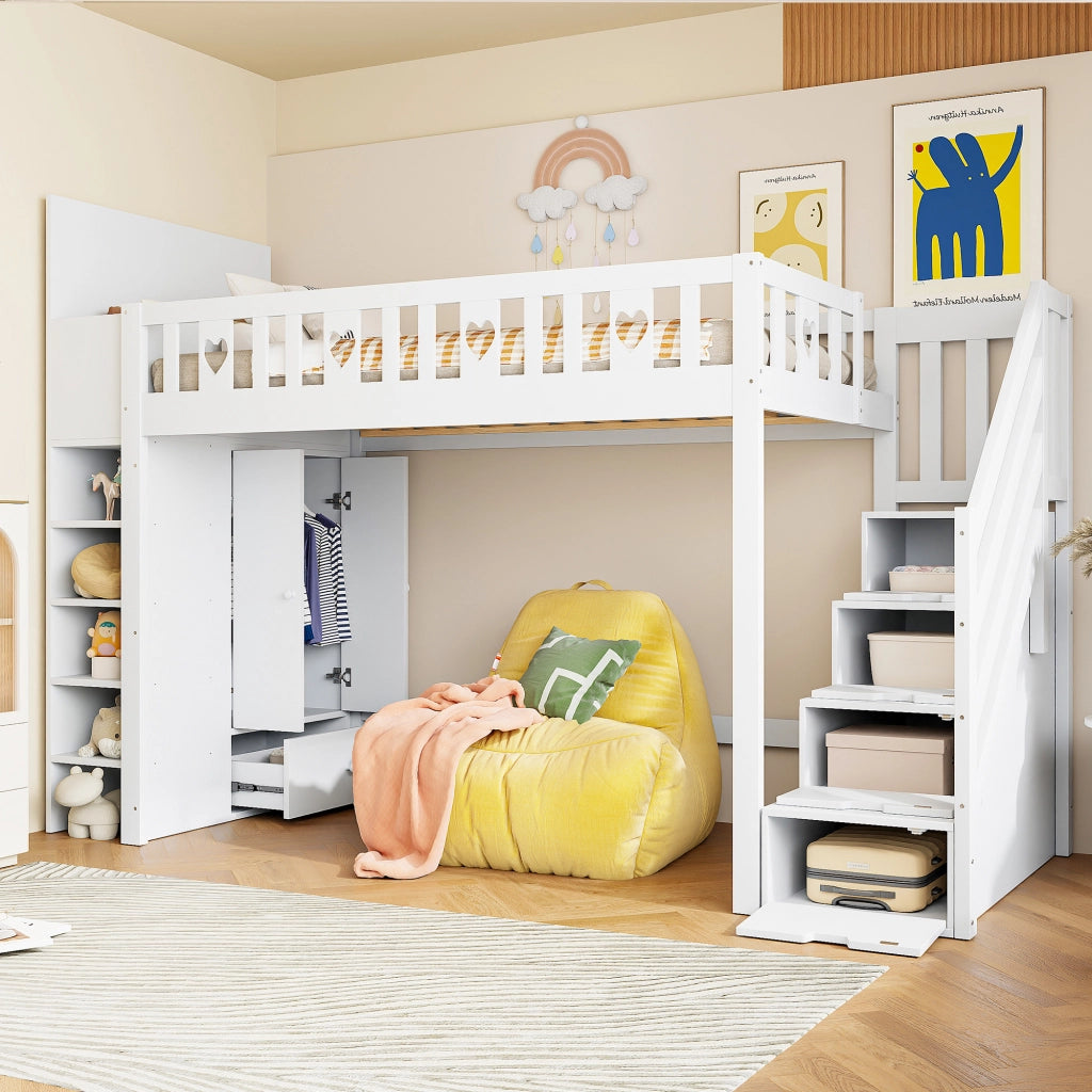 Letto a Soppalco Singolo con Scala Contenitore; Scaffali e Armadio Ribaltabile 90×200 cm; senza Materasso