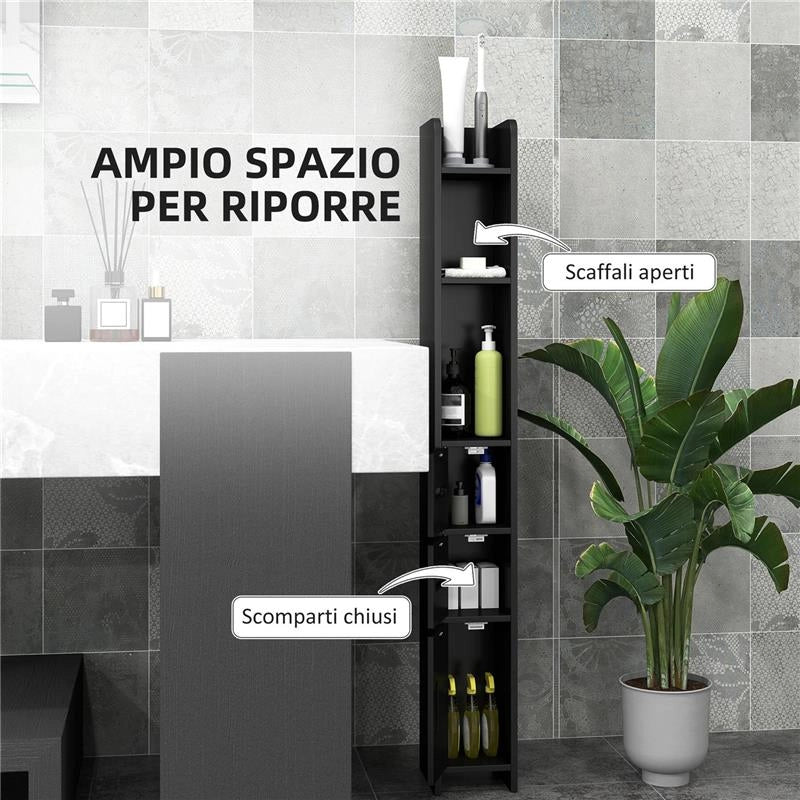 COLONNA BAGNO CON MENSOLE E ARMADIETTI MOBILE ALTO SALVASPAZIO IN LEGNO 15X17X120 CM NERO