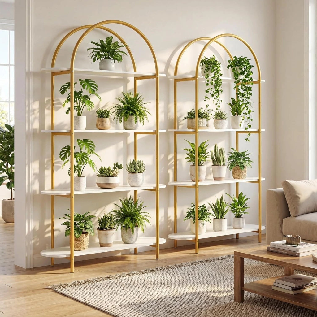 Scaffale a 4 Ripiani con Design ad Arco, Libreria con Ripiani Aperti e Telaio in Metallo, per Camera da Letto, Soggiorno e Ufficio, 95 x 34 x 156 cm (Oro E Bianco)