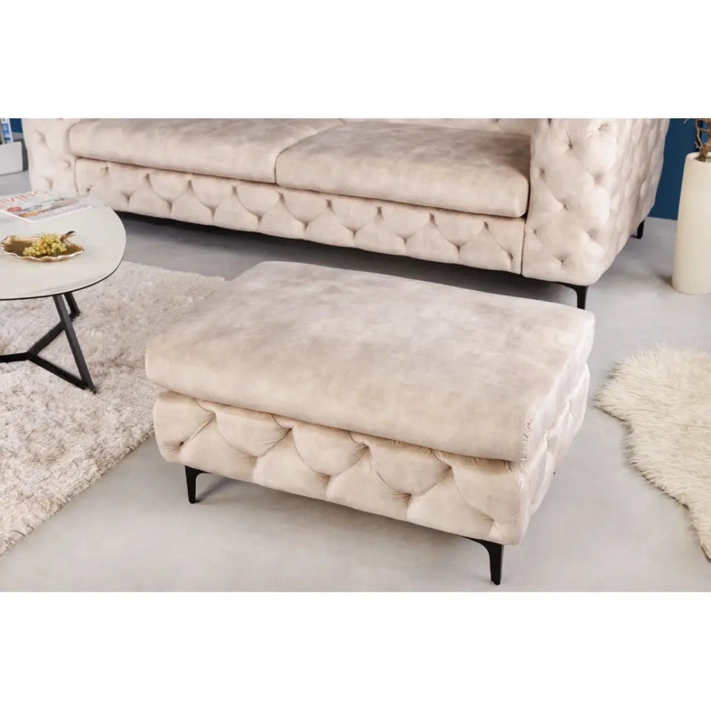 Divano + pouf VELENA champagne – Set barocco in velluto con piedi in metallo nero