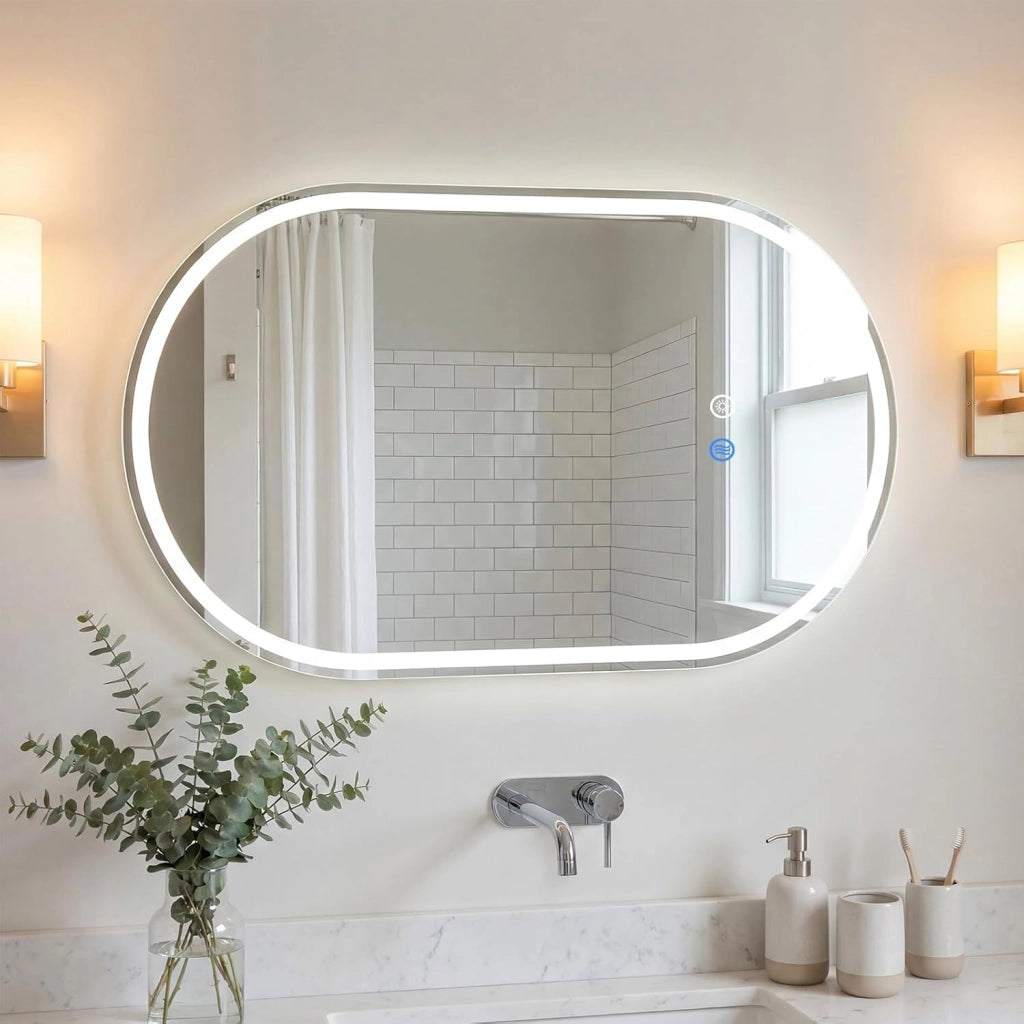 Specchio Bagno con Luce 90 x 55 cm, Specchio Ovale da Parete in Vetro Temperato IP44 con 3 Colori Dimmerabile, Antiappannamento, Memoria, Orizzontale/Verticale (90 x 55 cm, Modello 2)