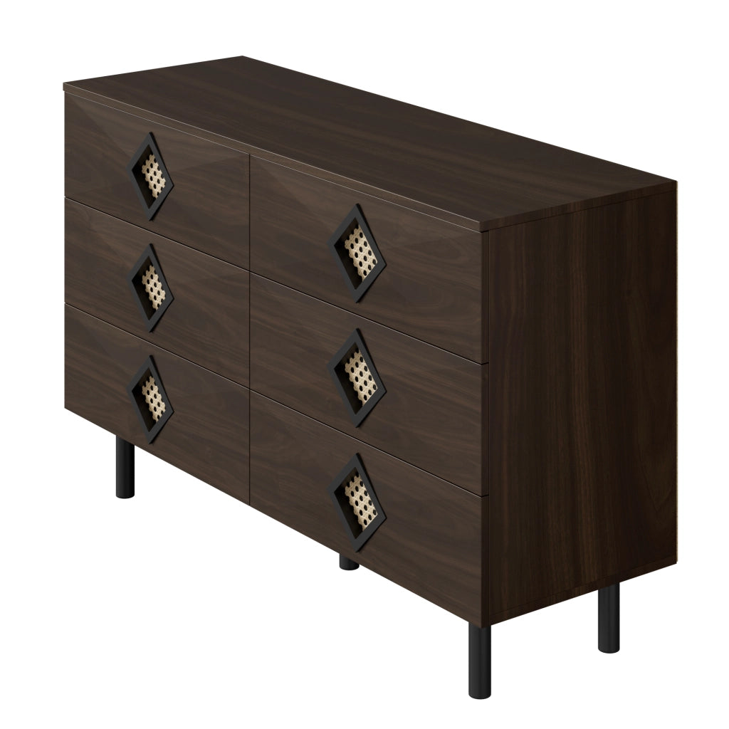 Toeletta con 6 Cassetti e Maniglie in Rattan; 2 Passacavi; Gambe in Metallo; Stile Moderno; Noce; 120??40??74 cm