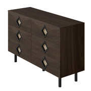 Toeletta con 6 Cassetti e Maniglie in Rattan; 2 Passacavi; Gambe in Metallo; Stile Moderno; Noce; 120??40??74 cm