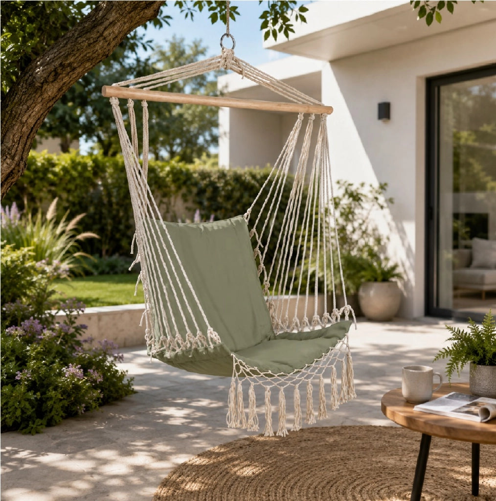 Sedia Poltrona Sospesa Giardino con Cuscino Imbottito Amaca Dondolo Verde