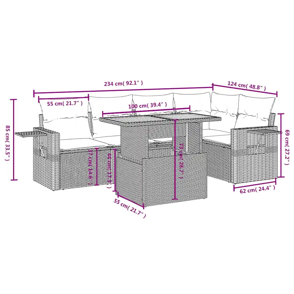 Set Divano da Giardino 6 pz con Cuscini Grigio in Polyrattan