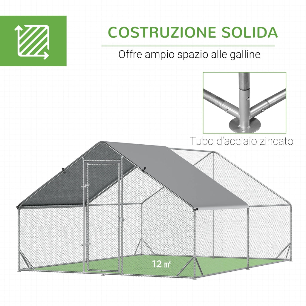 EasyComfort Pollaio da Giardino con Telaio Zincato, Copertura Impermeabile e Rete Esagonale, 3x4x2 m, Argento