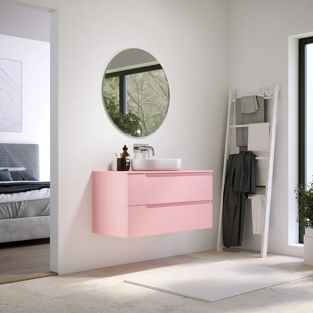 Mobile bagno sospeso 60 cm due cassetti rosa cipria opaco con top | Ardenne