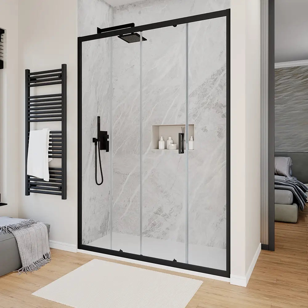 Porta doccia 140 cm scorrevole profili nero opaco vetro 6mm trasparente h190 | Sicily