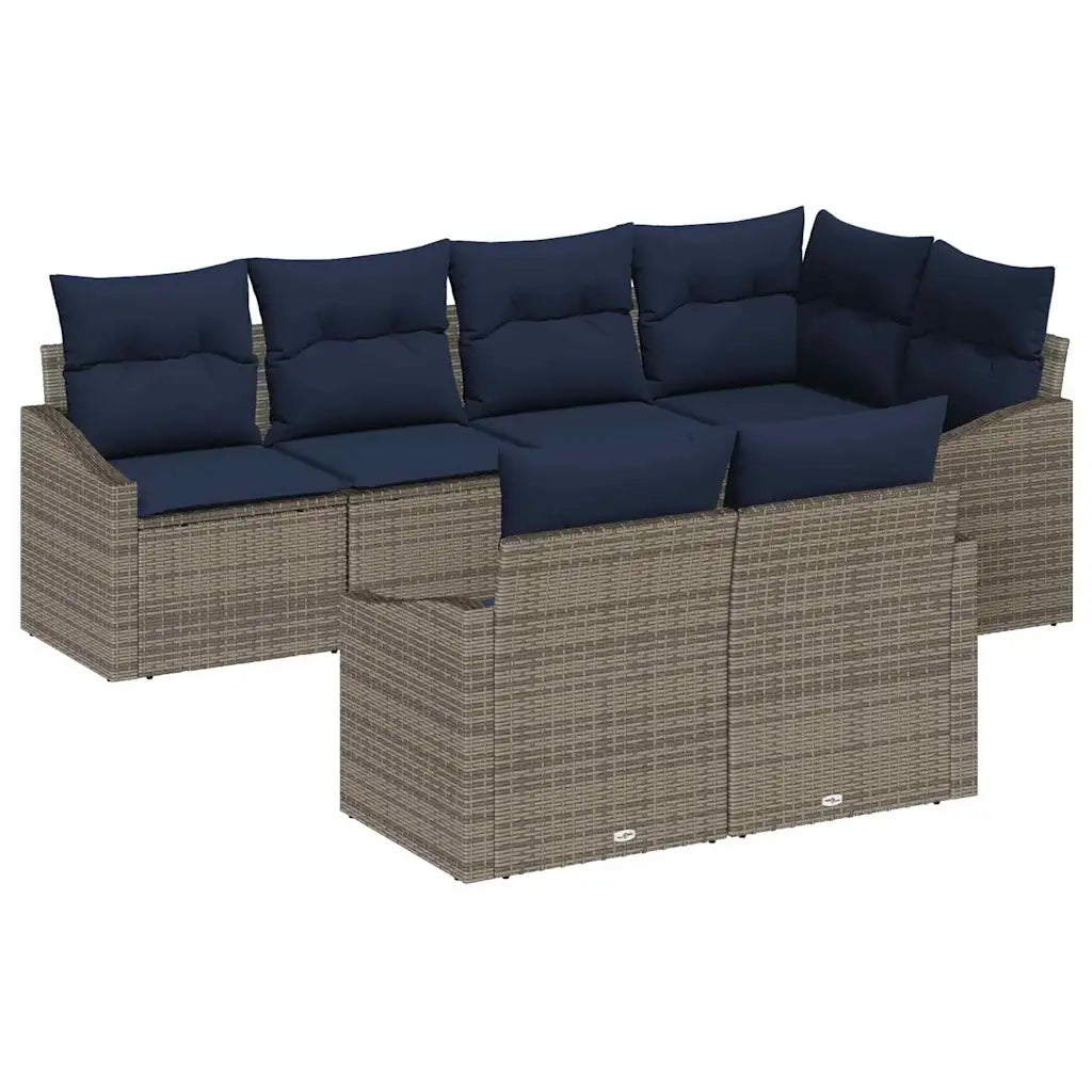 Set Divano da Giardino 7 pcs Grigio e Blu Navy polyrattan
