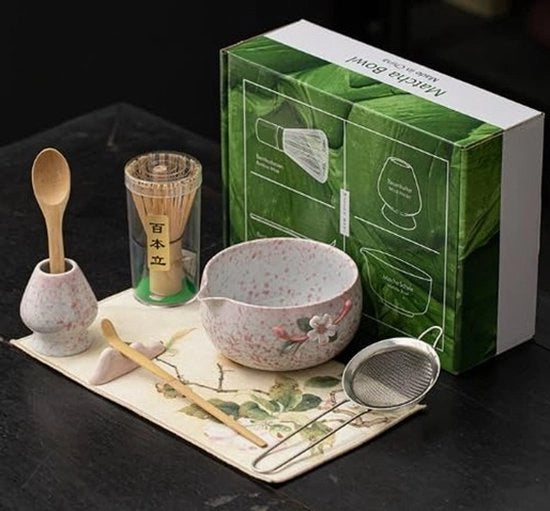 Set di Matcha 7 pezzi - Accessori per Matcha - Piatti per lavastoviglie in ceramica - Guarda per tè in bambù - Set per tè con setola - Guida per principianti - Set per tè