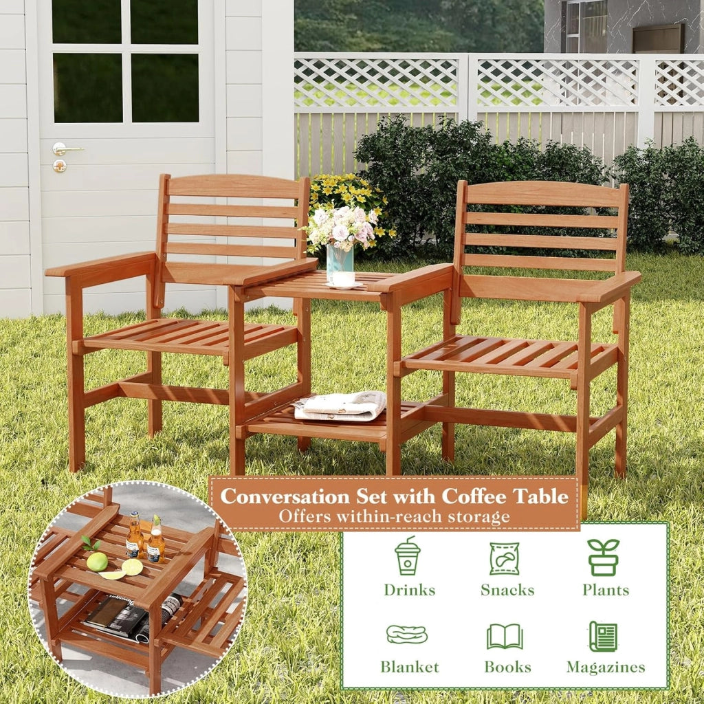 Set di salotto da giardino in un pezzo, in legno massello, 1 tavolo con foro per ombrelloni e 2 poltrone, mobili da esterno per cortile, patio, terrazza, carico 120 kg, naturale