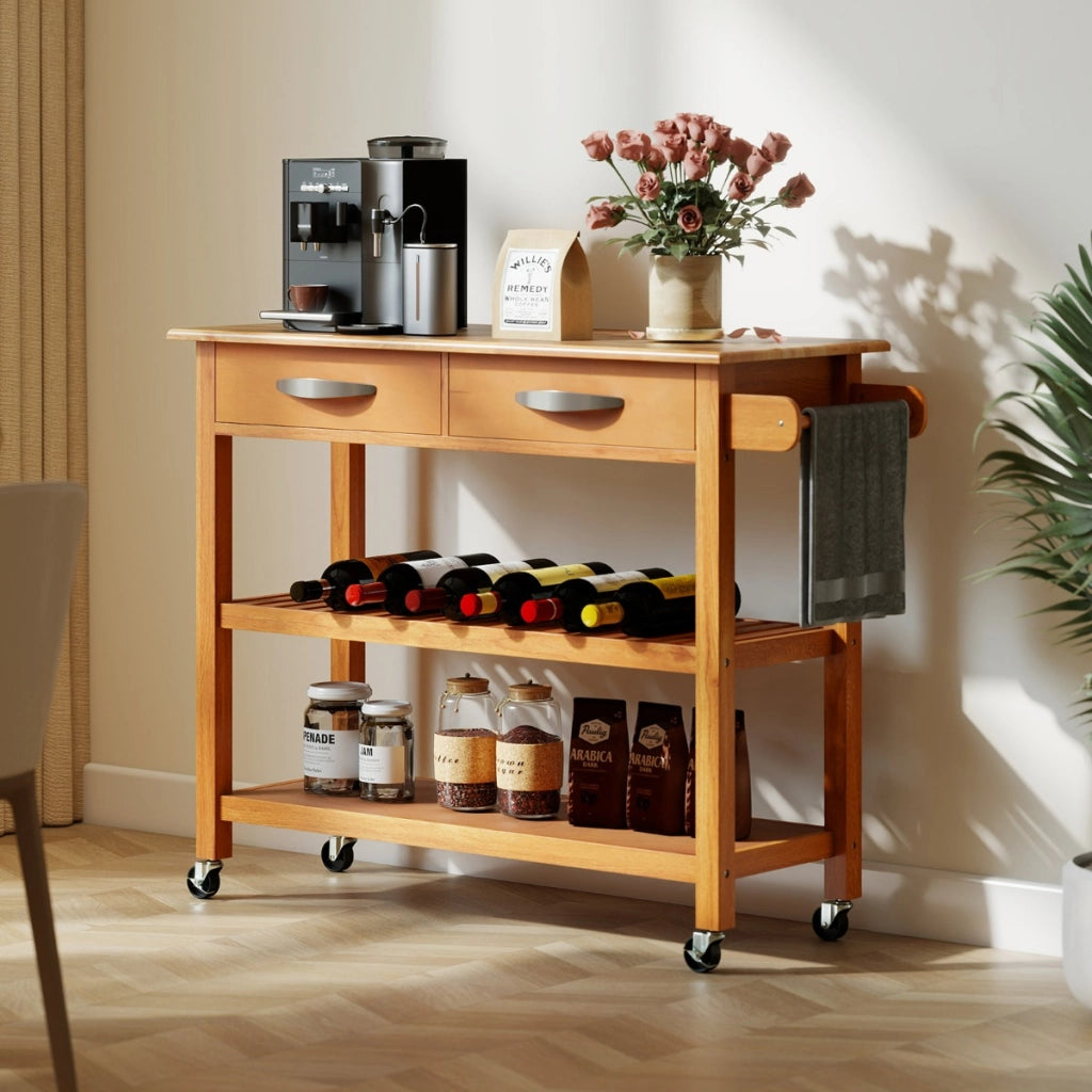 Carrello portautensili a 3 livelli con piano in legno e 2 ripiani aperti, Isola da cucina con spazio di archiviazione Naturale