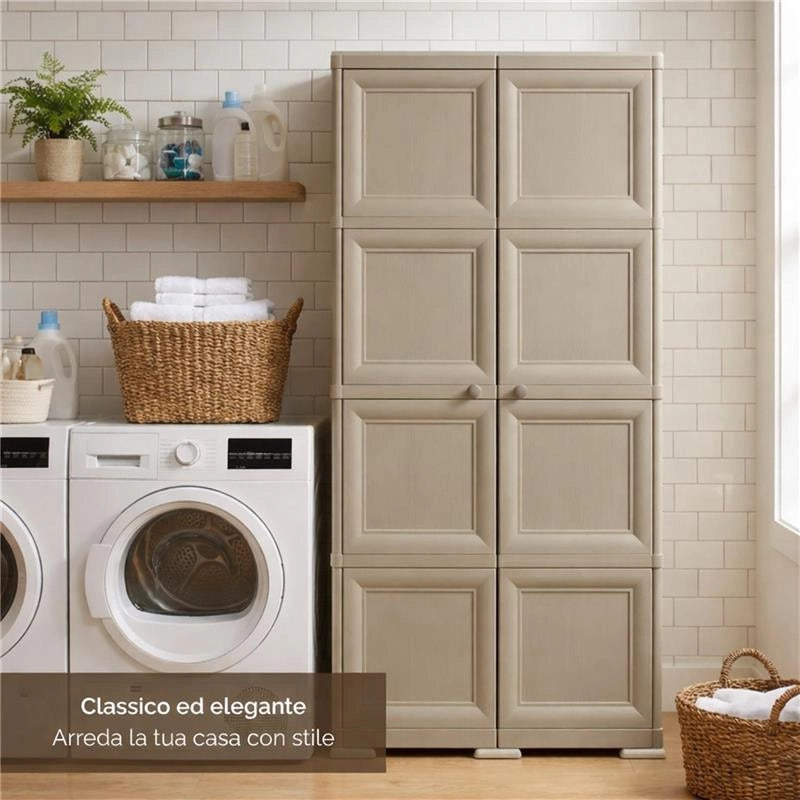 ARMADIO 2 ANTE TAUPE 79X43X164 CM CON 8 SCOMPARTI – MOBILE ALTO ORGANIZZAZIONE CASA PER INGRESSO, LAVANDERIA E ZONA GIORNO