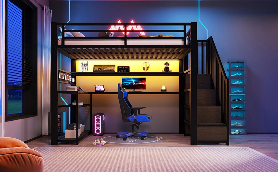 LETTO A CASTELLO 90x200 cm in metallo e MDF nero con scrivania, armadio e LED